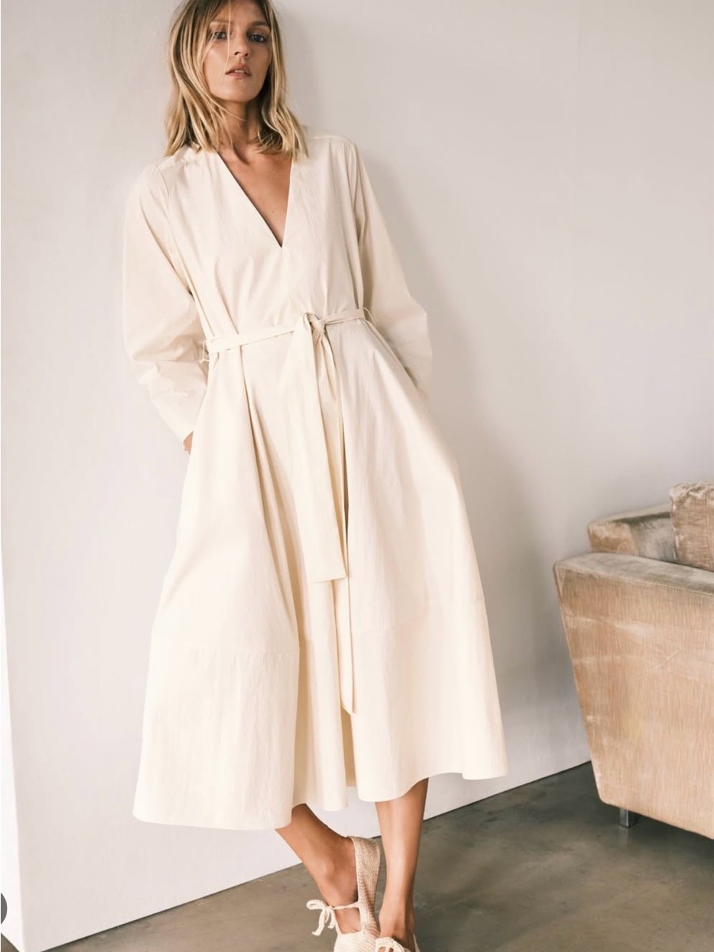 Zara Cream V-Neck Midi Dress with Tie Waist